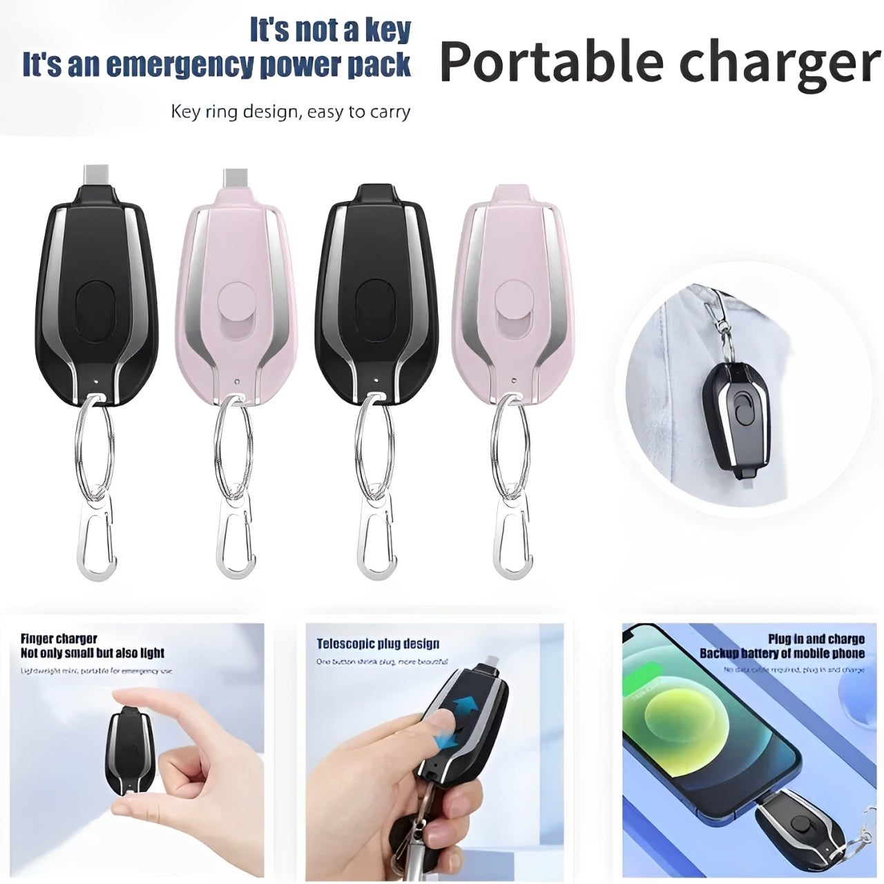 Mini Portable Keychain Charger Power Bank for iPhone & Android Type-C